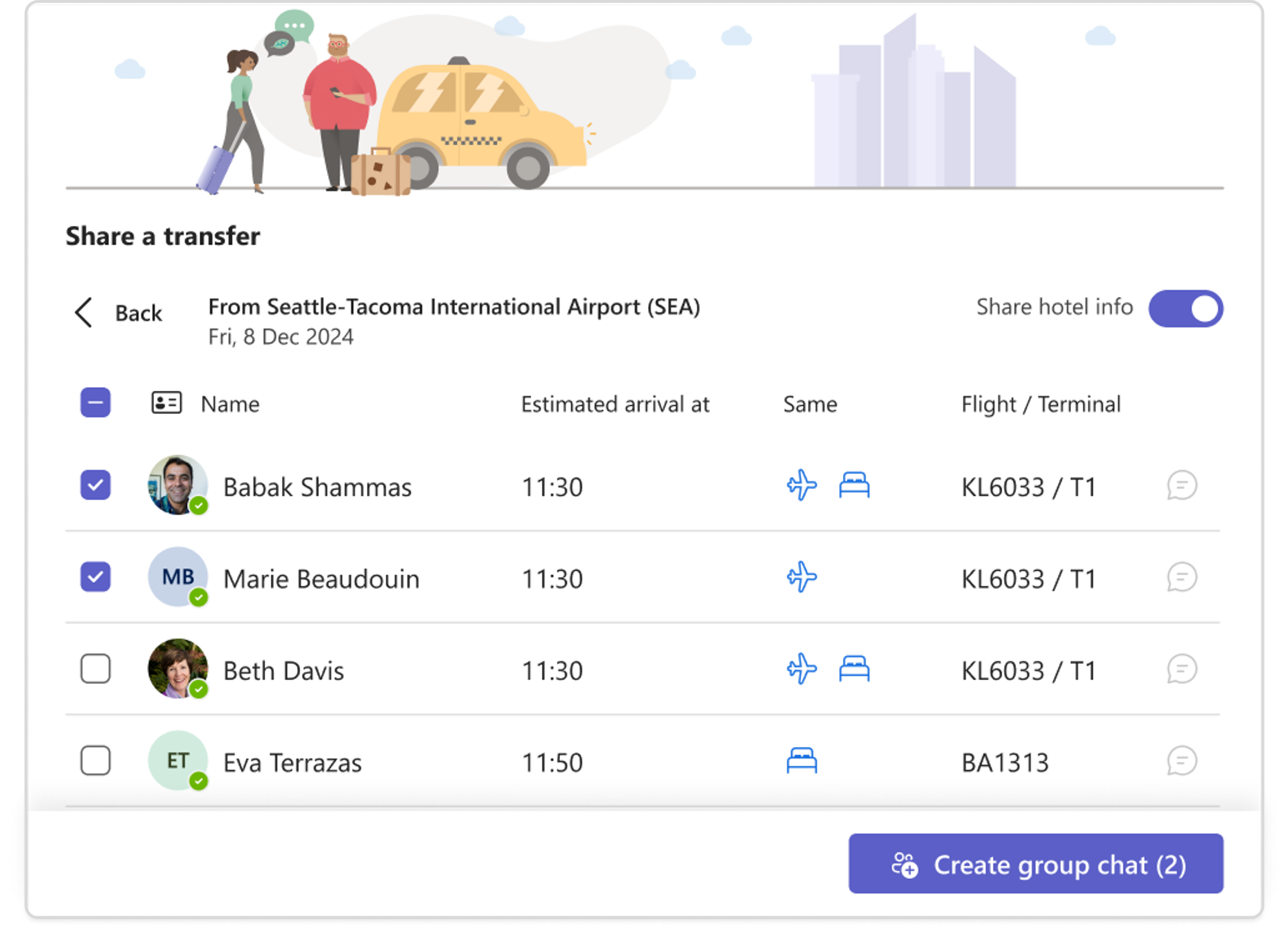 For the Share your transfer card to be displayed, the booking must contain at least one flight or one train segment. Otherwise, the card is not displayed. For multi segment trips you can select which segment (only one, both or neither) you would like to share the transfer by enabling the specific segment.