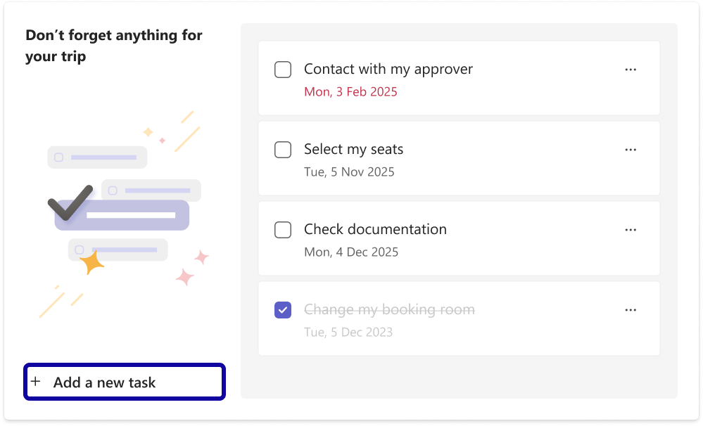 To start adding tasks on the list, click on the “Add a new task” button. A pop-up window will appear where you can insert the task name and a due date for the task (optional).
To close the window and save the task, click on “Add a new task” button at the bottom of the pop-up window.