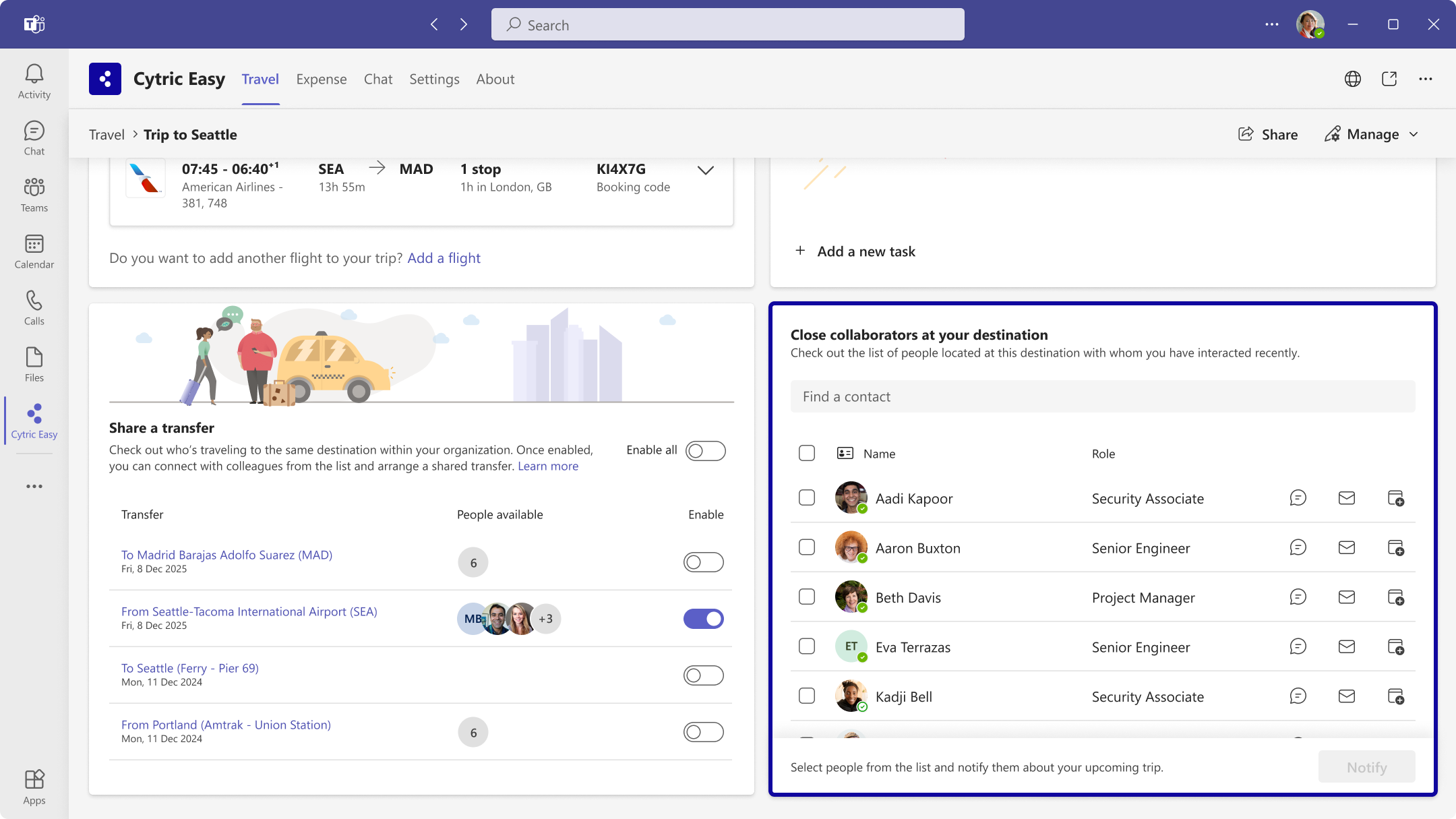Once you have selected an upcoming trip from the Travel tab, you may see your close collaborators list containing your top ten contacts at trip destination.