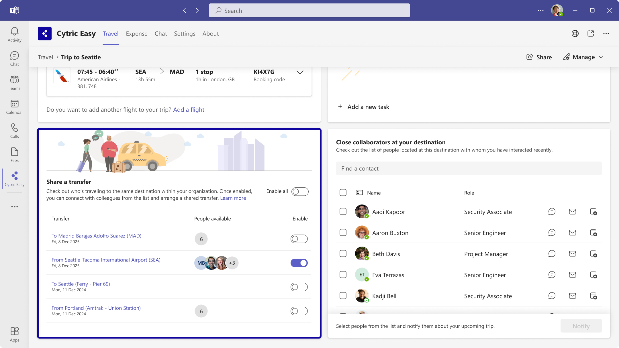 Identify other travelers arriving to the same airport or the same train station as you (within a +/-45 minutes time window from the arrival time and containing an inbound, outbound or multi destination flight/train), so that you can quickly contact them via chat and arrange to share the same transfer to destination, reduce the CO2 footprint and save costs.