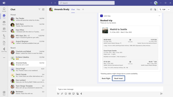 Book hotel/car/rail from a shared trip, for hotel, you would see the card in your Microsoft Teams chat, and once you click on the “Book Hotel” button, the Cytric tab will open, already connected to the system. You can merge the flight booked in the previous step.
Direct and indirect costs savings