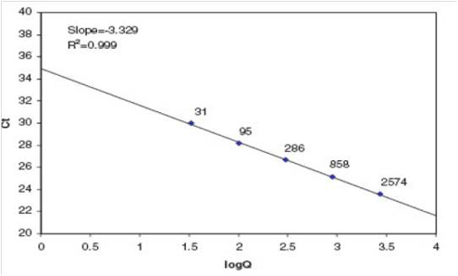 Efficacité des qPCR : Représentation d’une courbe standard (logarithmes de la quantité d’ADN standard en abscisse - En ordonnée valeurs de Ct) 